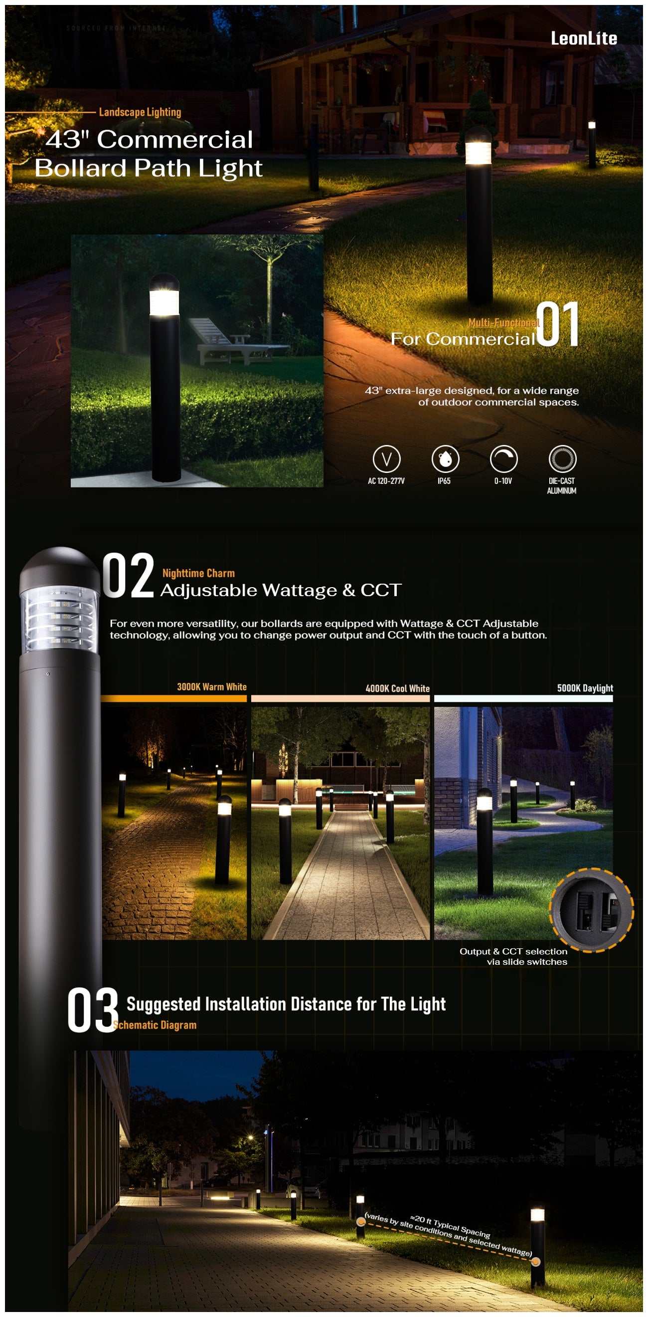 43" Commercial LED Bollard Path Light, Louvered Lens Head