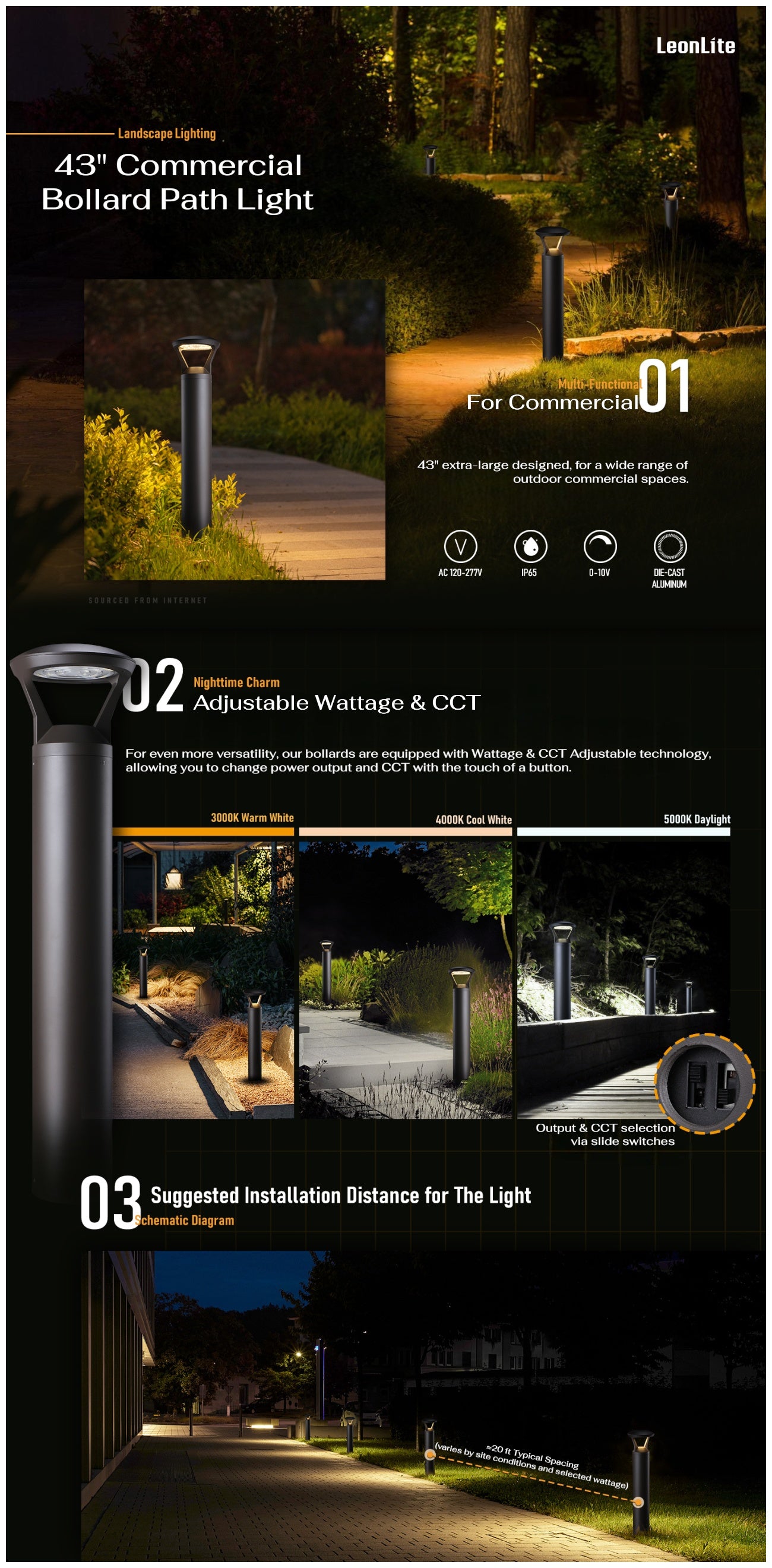 43" Commercial LED Bollard Path Light, Flat-Top Lens Head