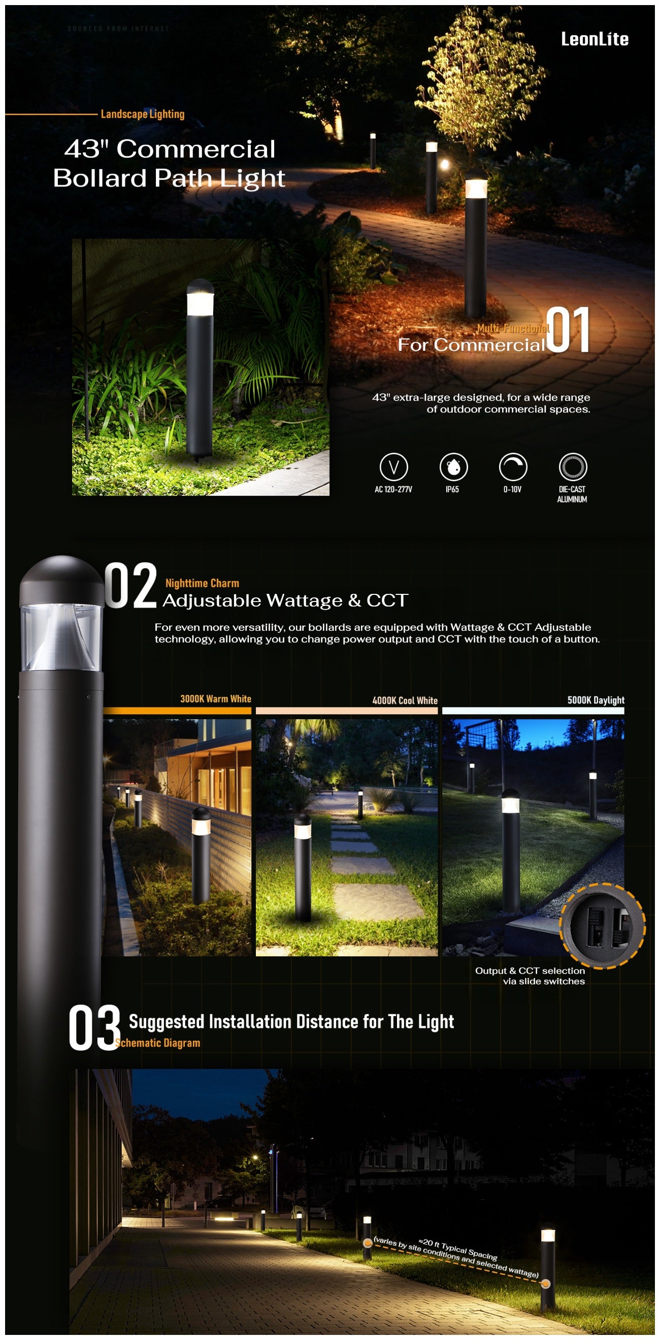 43" Commercial LED Bollard Path Light, Conical Lens Head